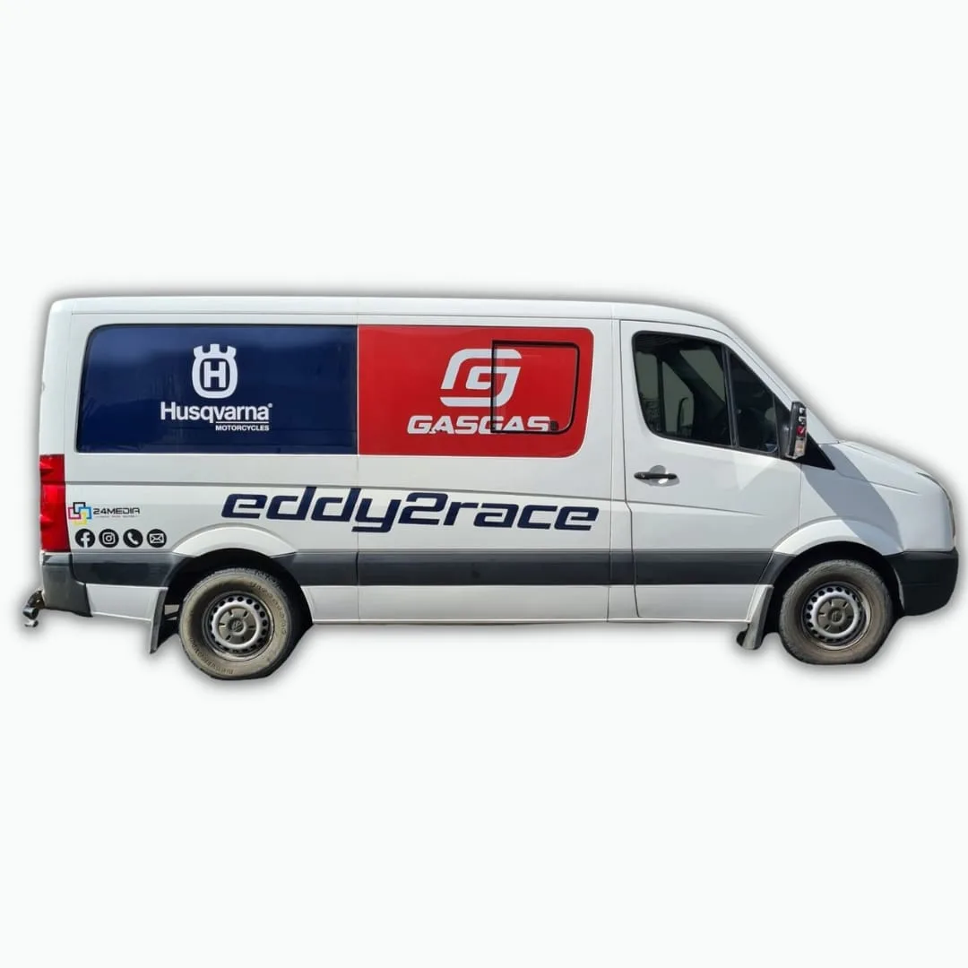 Panel van branded with printed logo decals and cut vinyl lettering