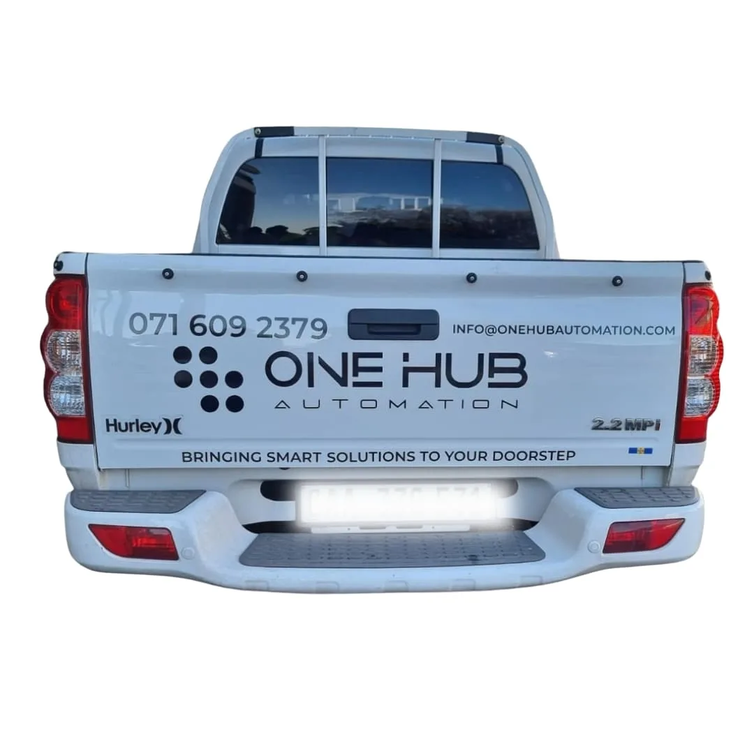 Bakkie tailgate branded with company logo and contact number decals
