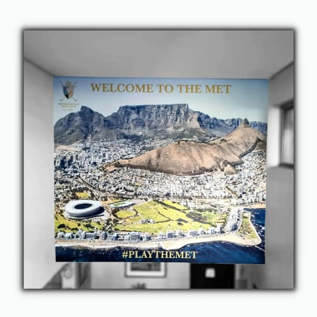 Reception feature wall printed with a Cape Town aerial photograph