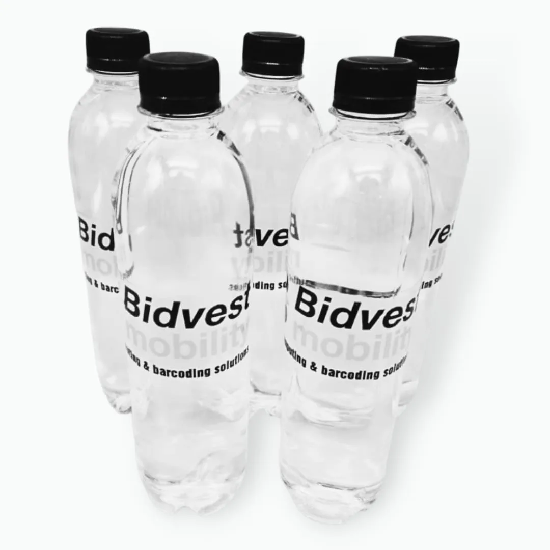 Water bottles with clear custom printed branded labels