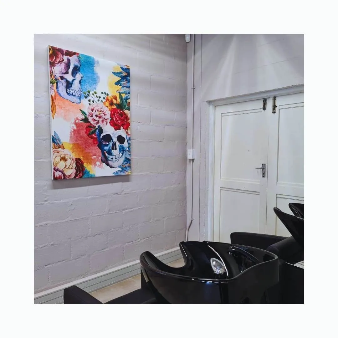 Vibrant canvas print hanging in a salon