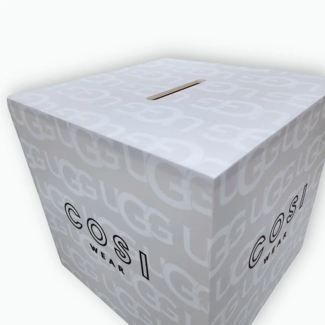 Custom printed entry form collection box with slit for prize draws