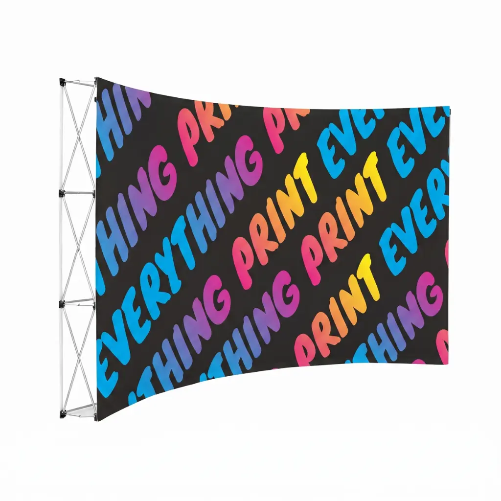 Curved banner wall with custom printed bannerweave fabric skin and lightweight aluminium pop-up frame.
