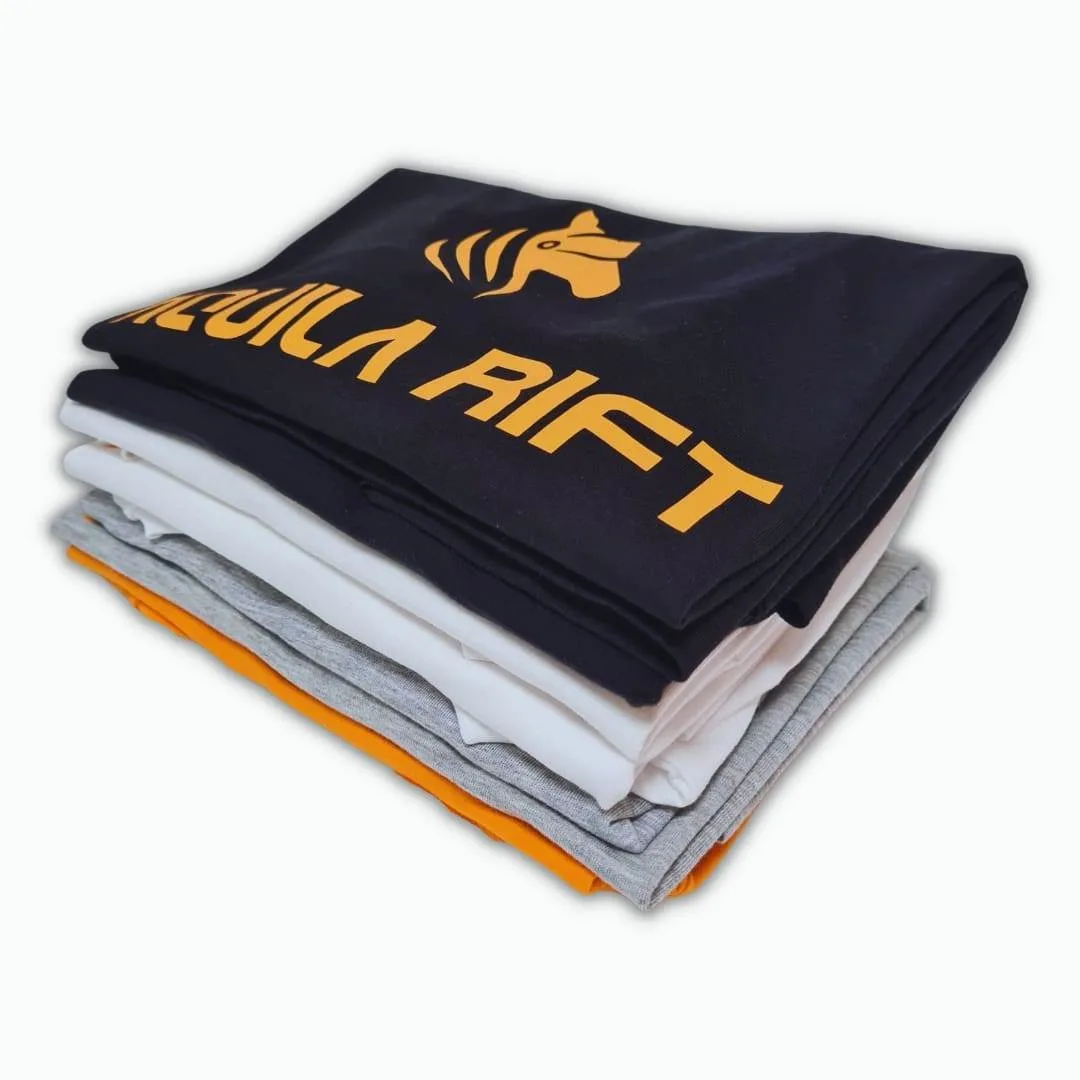 Folded branded T-shirts printed with a large logo