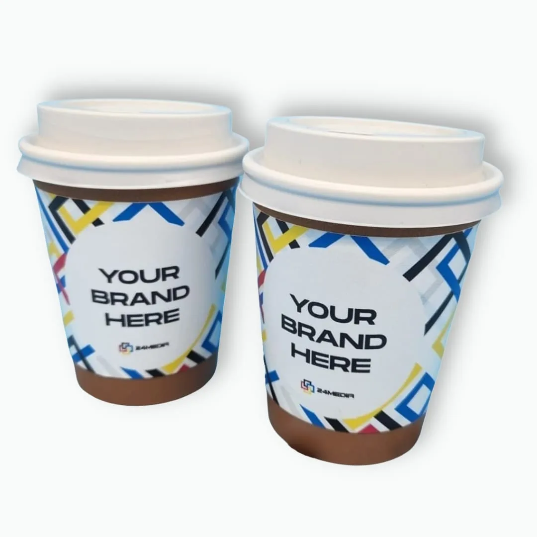 Takeaway coffee cups with custom printed branded sleeves