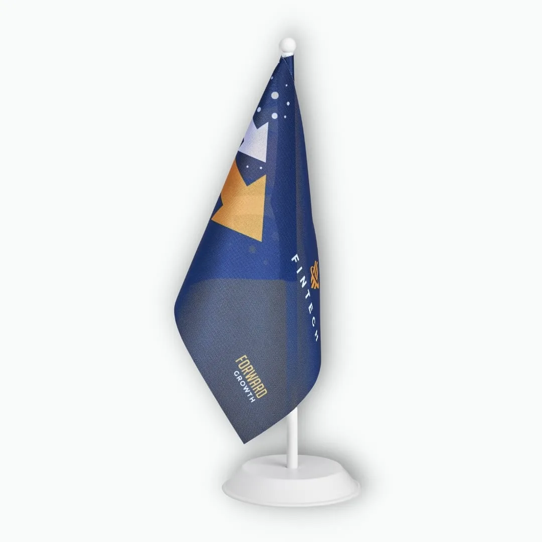 Custom printed indoor flag on a white pole and base with corporate branding