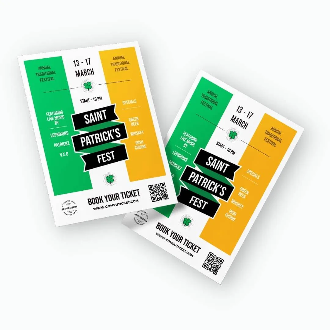 Double sided printed event flyers with QR code ticket booking