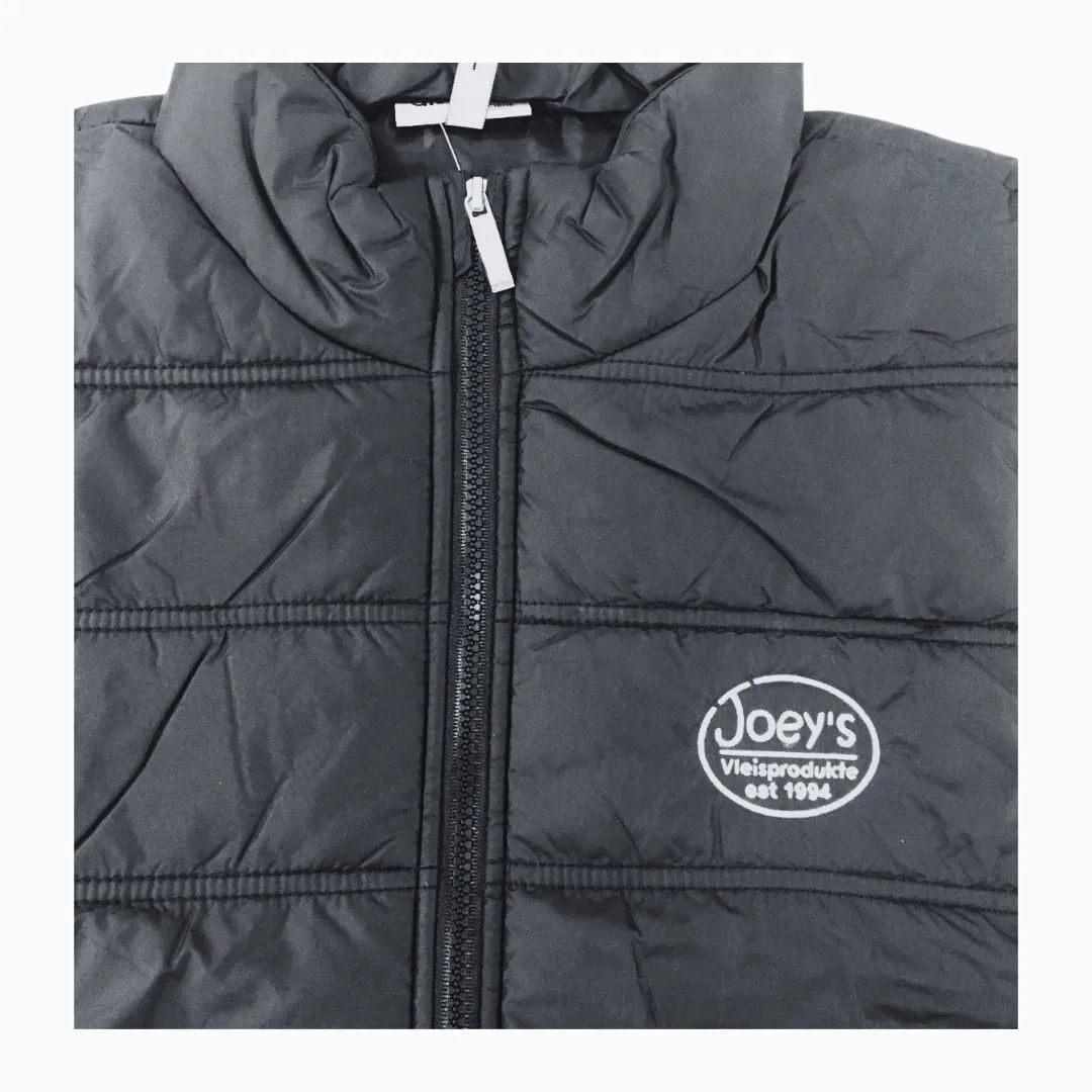 Black puffer jacket with an embroidered logo on the chest