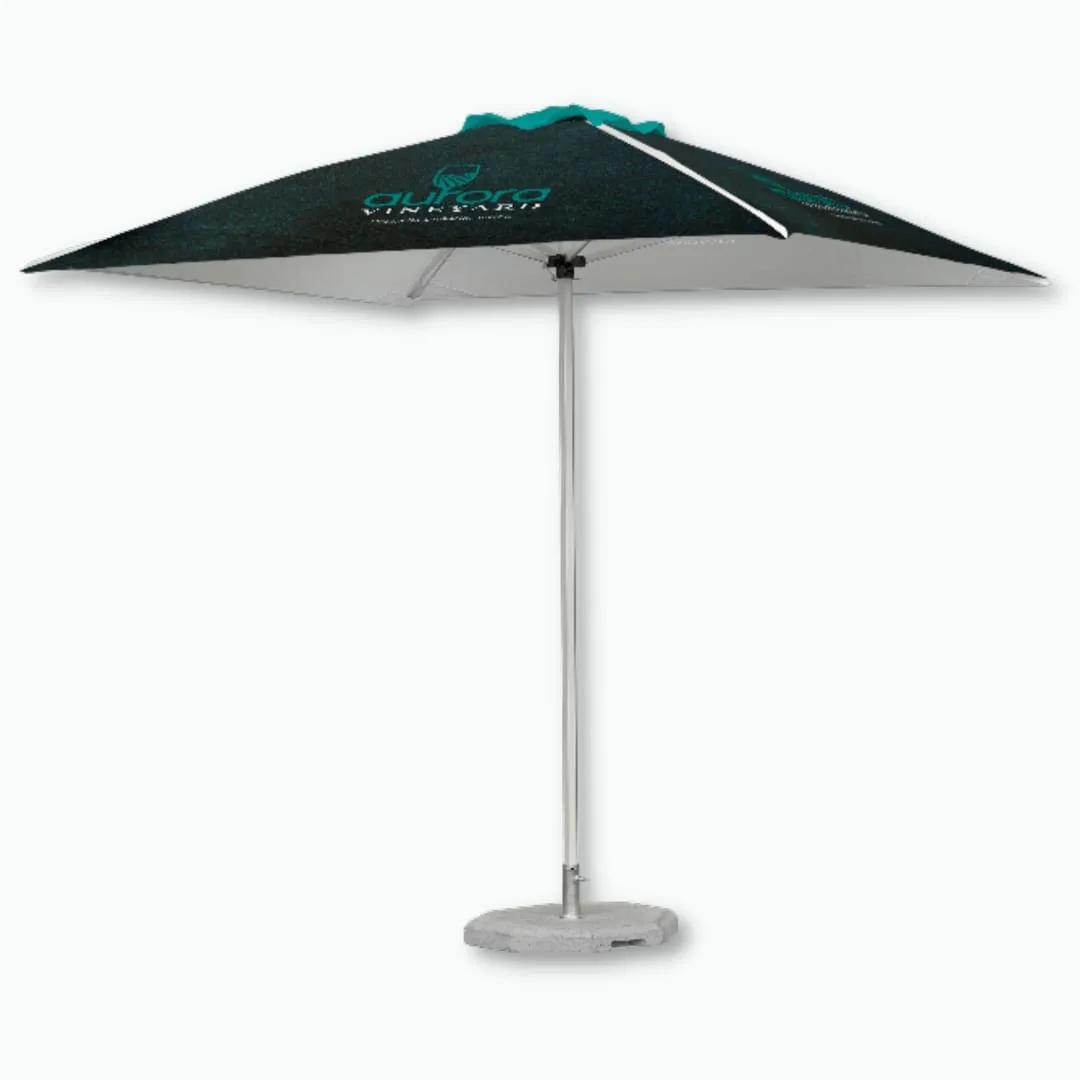 Square custom printed branded parasol on a pole and base