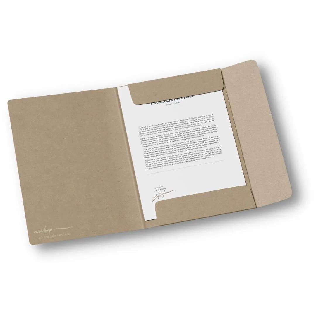 Custom printed presentation folder with an inside pocket holding a document