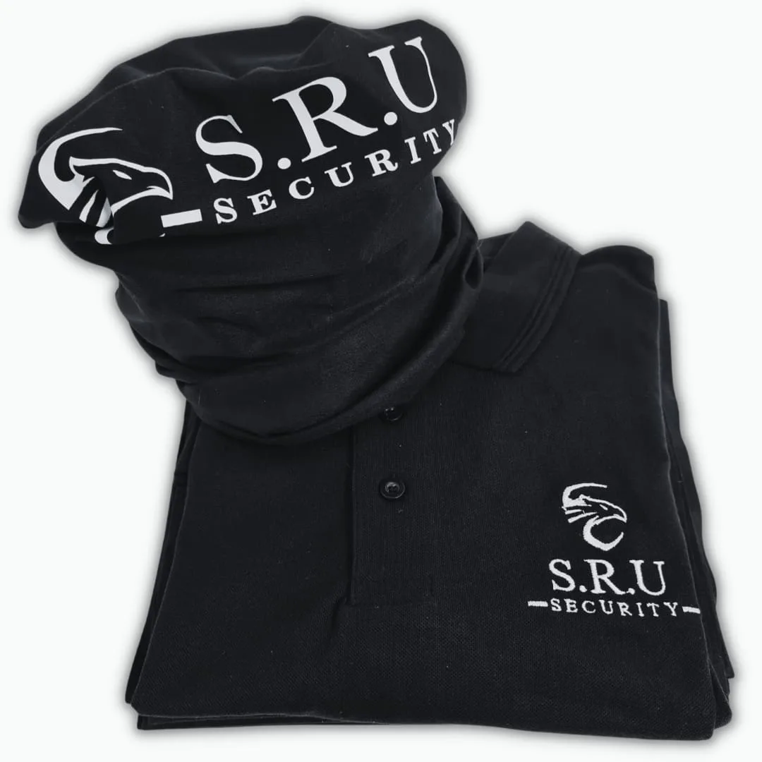 Black branded security uniform shirt and buff