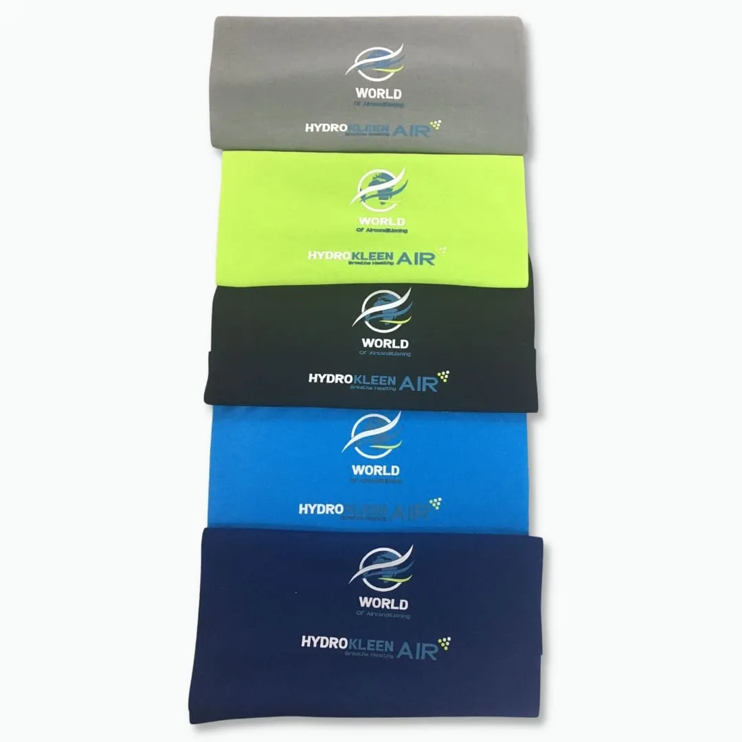 Branded T-shirts folded in a range of colours