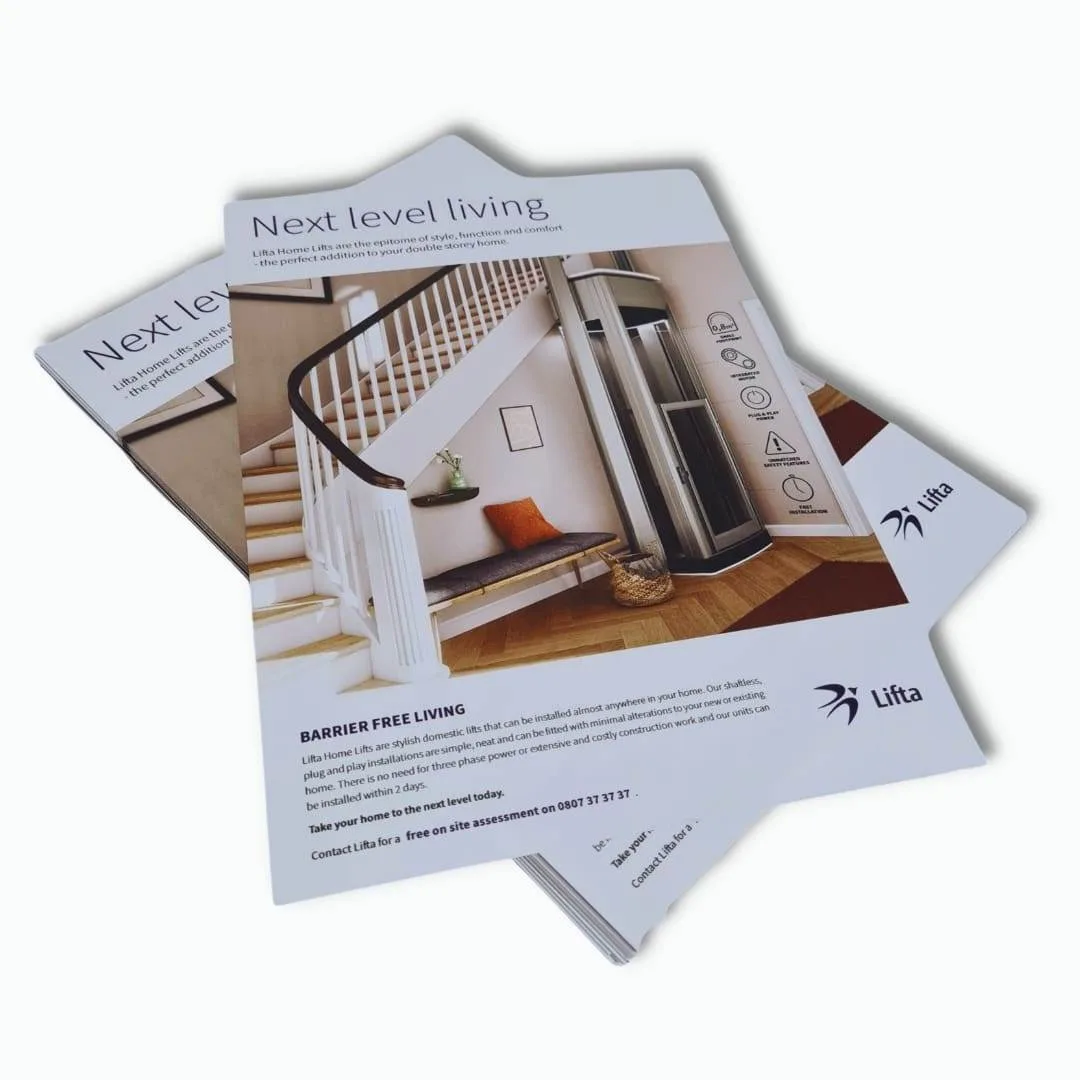 Stack of full colour printed product flyers