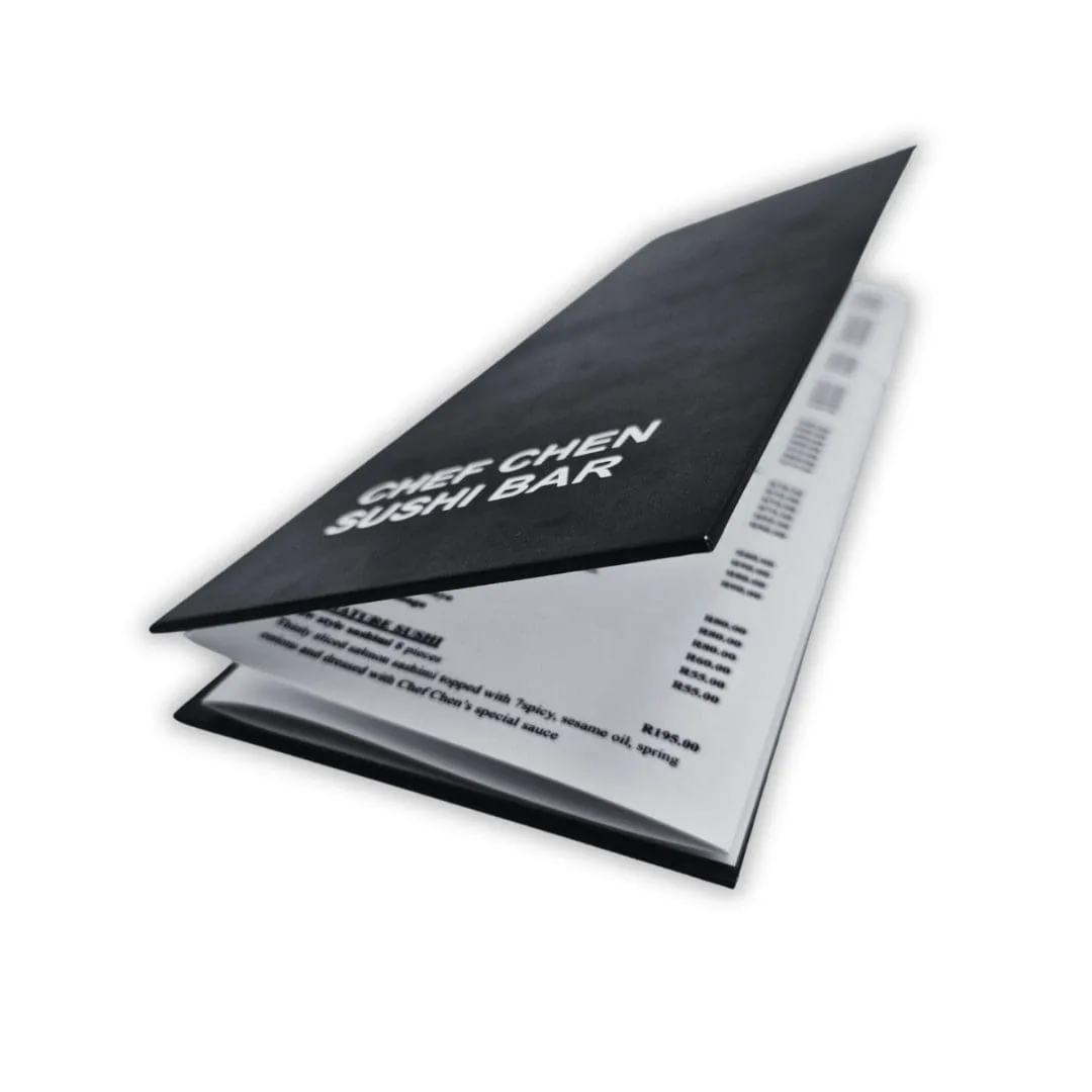 Folded sushi bar menu with a printed cover