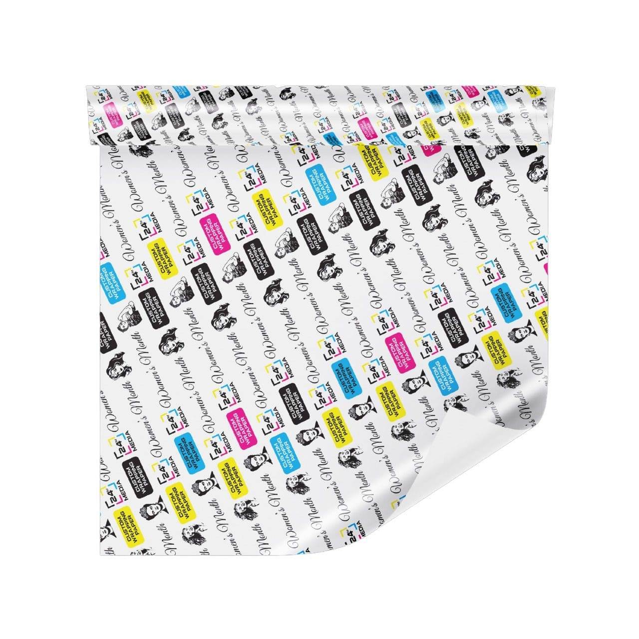 Sheet of custom printed wrapping paper with a repeating brand pattern