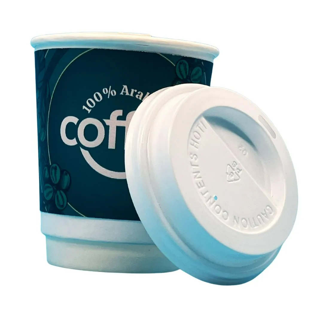 Takeaway coffee cup with a custom printed full colour sleeve and lid