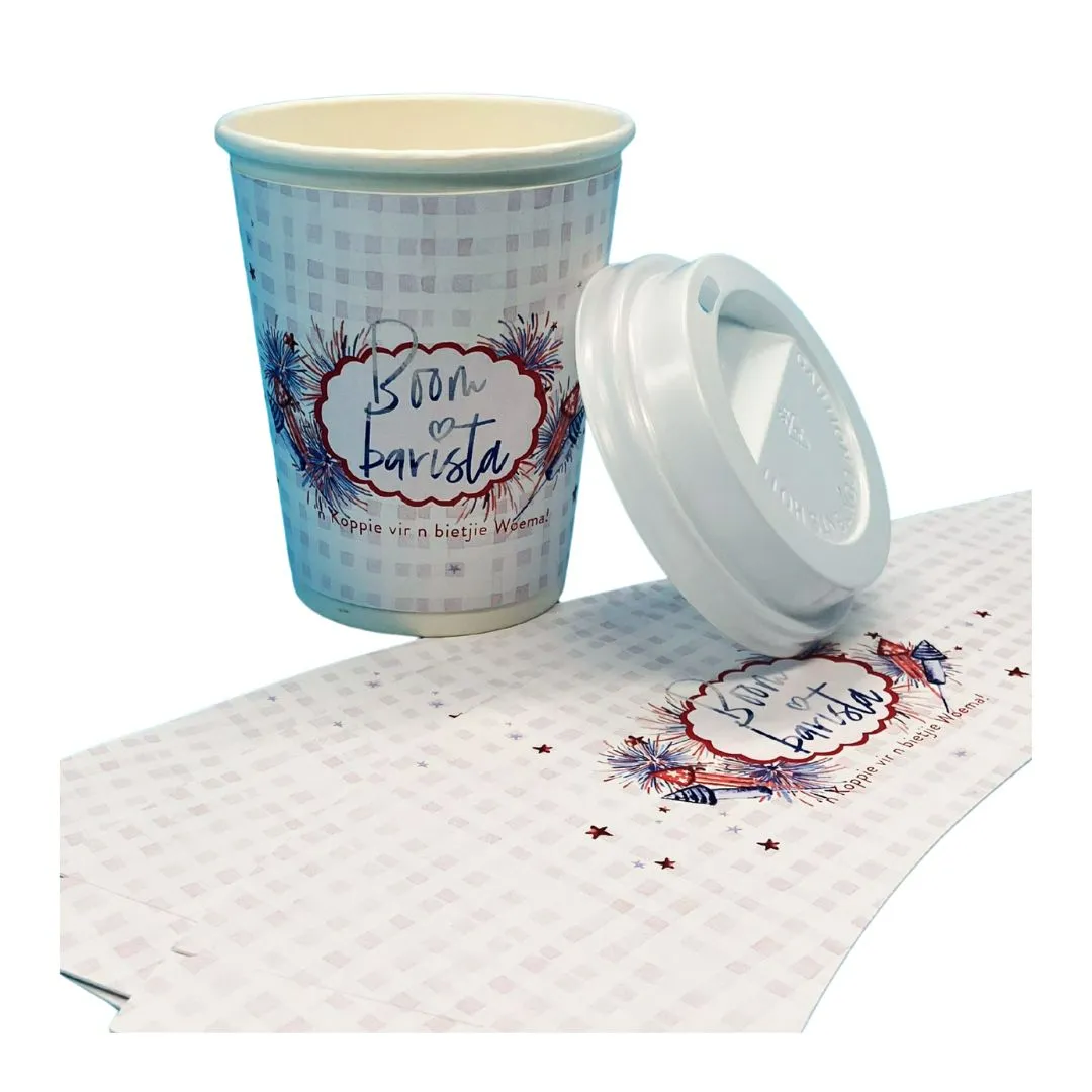 Custom printed coffee cup sleeve artwork beside a branded cup