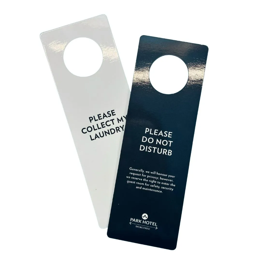 Custom printed hotel door hangers with do not disturb and laundry messages