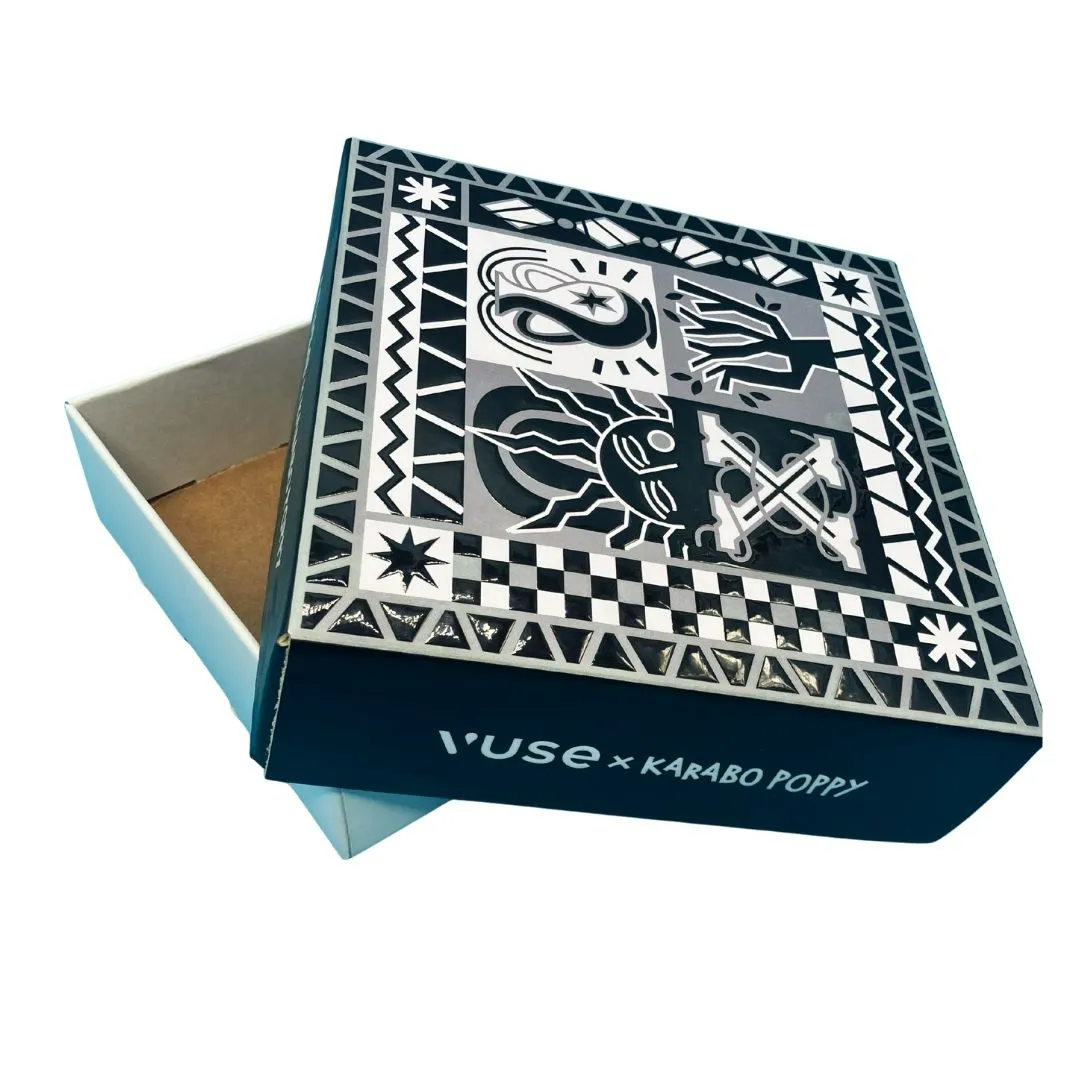 Open custom printed rigid box with a lift-off lid and printed base