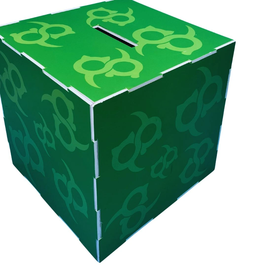 Green custom printed entry form box with a top slot