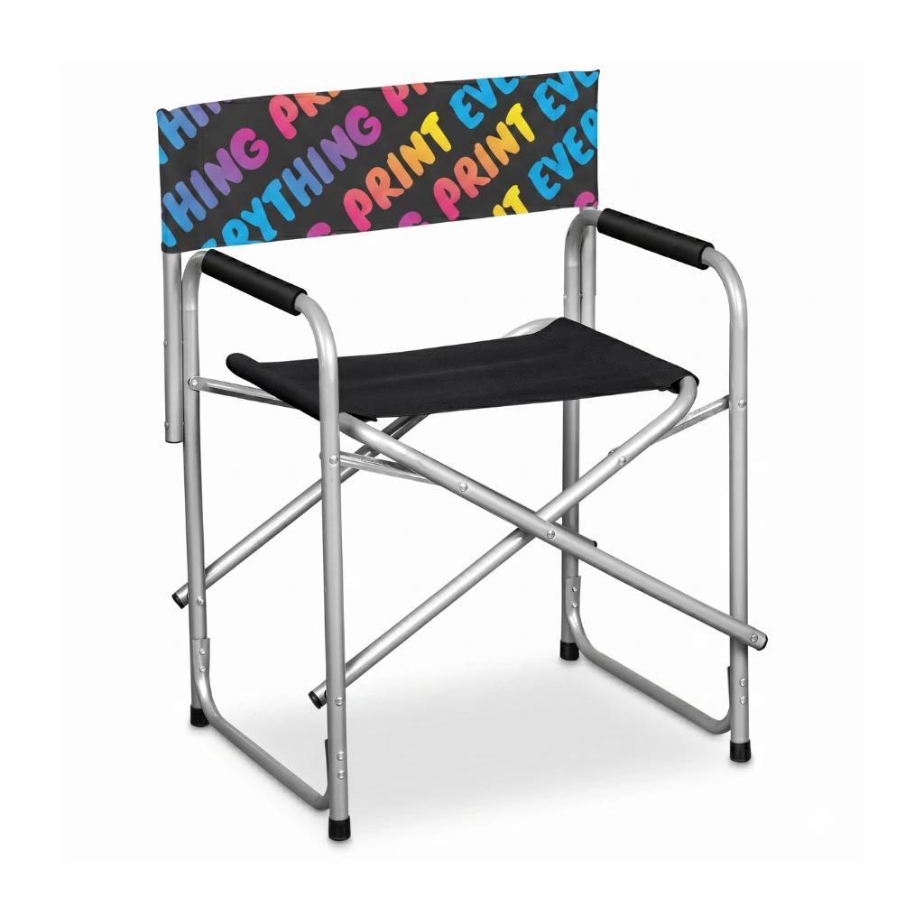 Custom printed promotional directors chair showing a collapsible framework and a 110kg weight capacity rating.