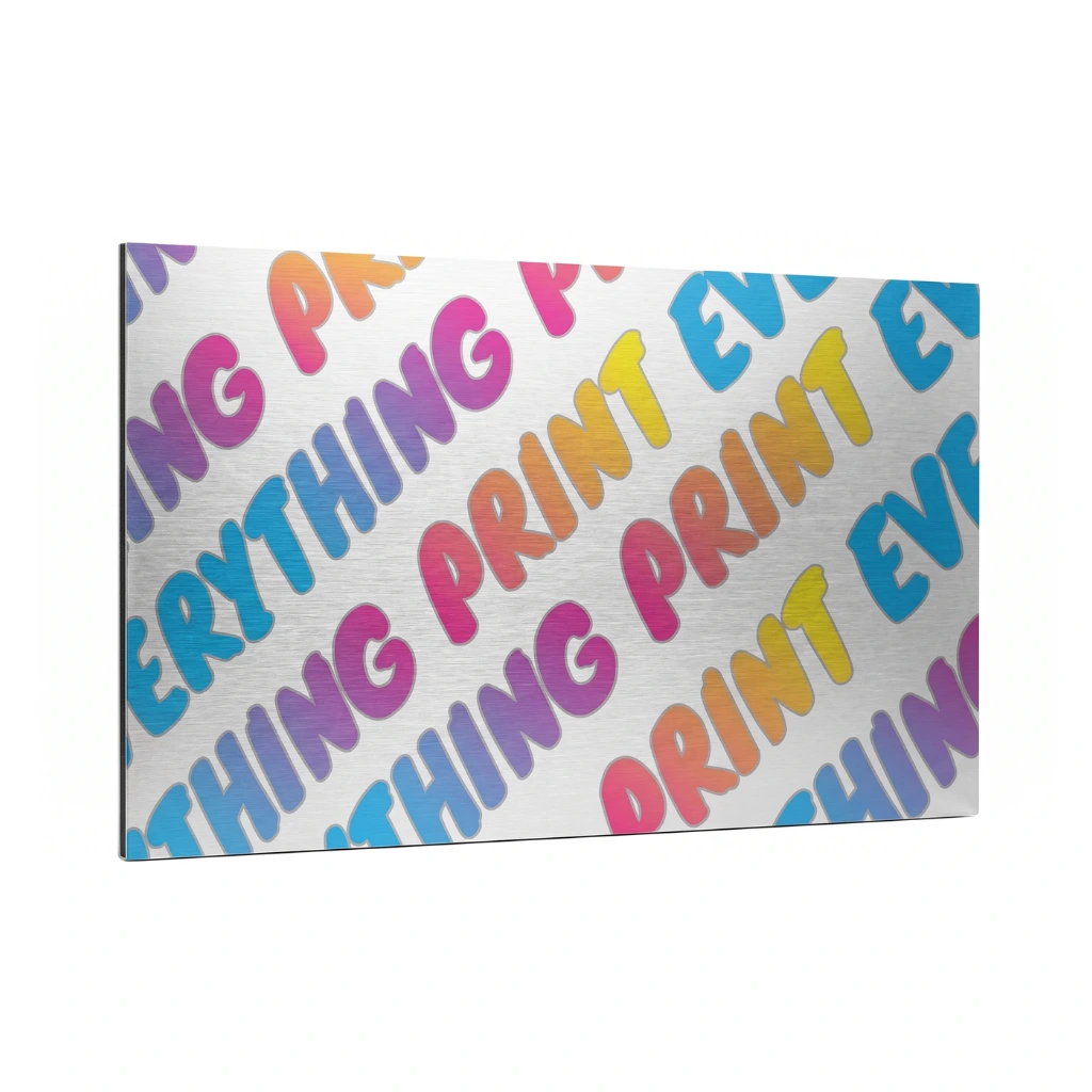Custom printed Dibond sign featuring vibrant multi-coloured 24hrMEDIA branding on a rigid brushed aluminium composite panel.