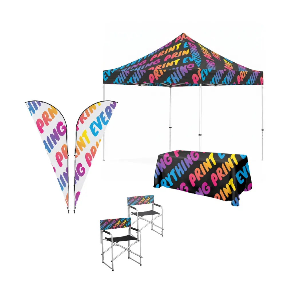 Custom event branding packages displaying a matching branded gazebo, two sharkfin flags, two directors chairs, and a printed tablecloth.