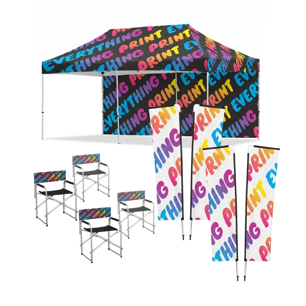 Pro event branding packages displaying a giant custom printed 3mx6m aluminium gazebo with a full back wall, four 4m telescopic flags, and four alloy directors chairs.