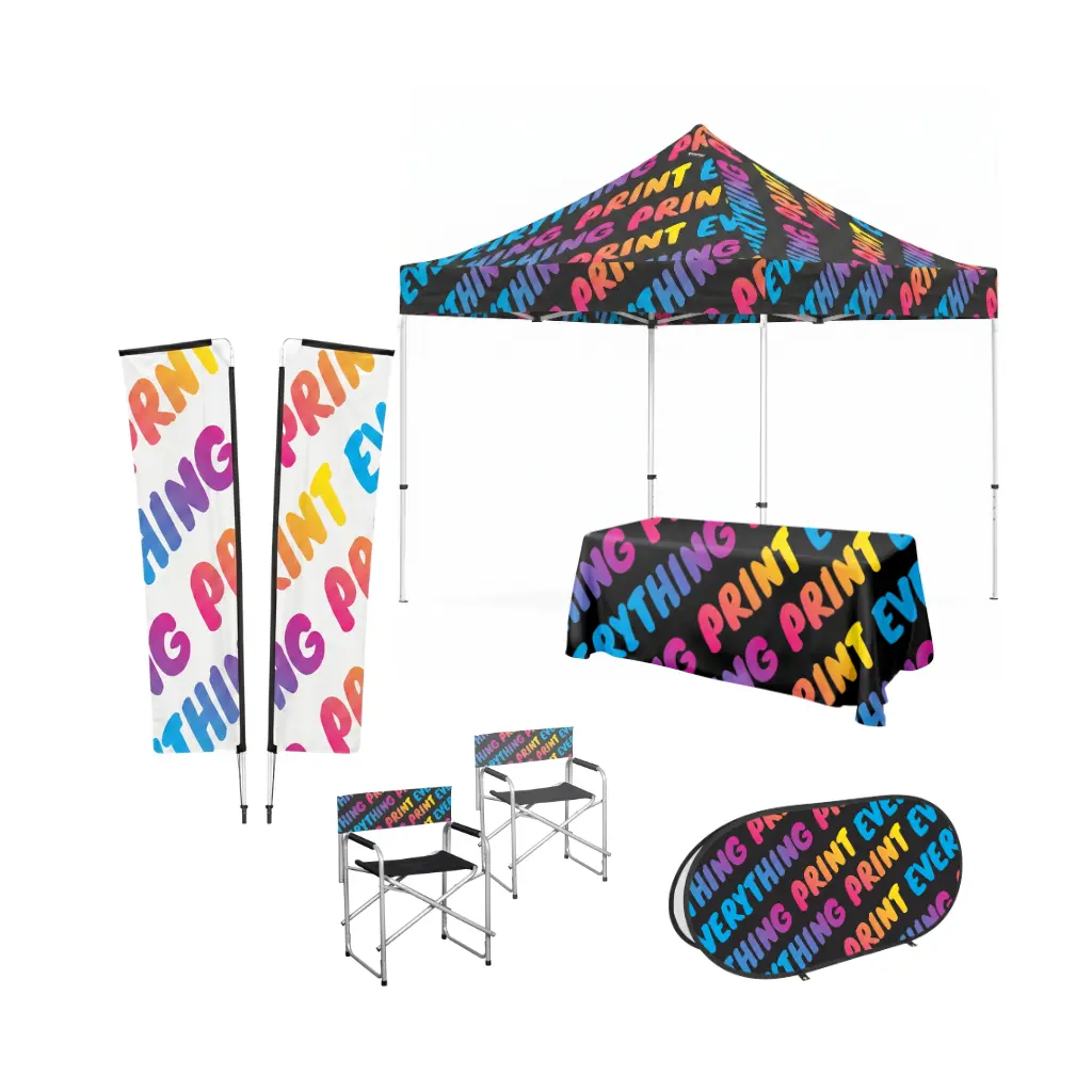Premium corporate event branding packages displaying a custom printed 3m x 3m aluminium gazebo with a full back wall, twin telescopic flags, alloy directors chairs, a table, and a horizontal pop-up banner.