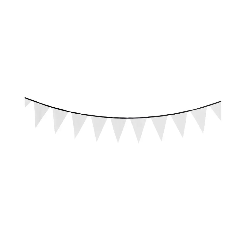 A string of plain white triangular bunting flags hanging against a clean background, showing the classic triangle layout option.