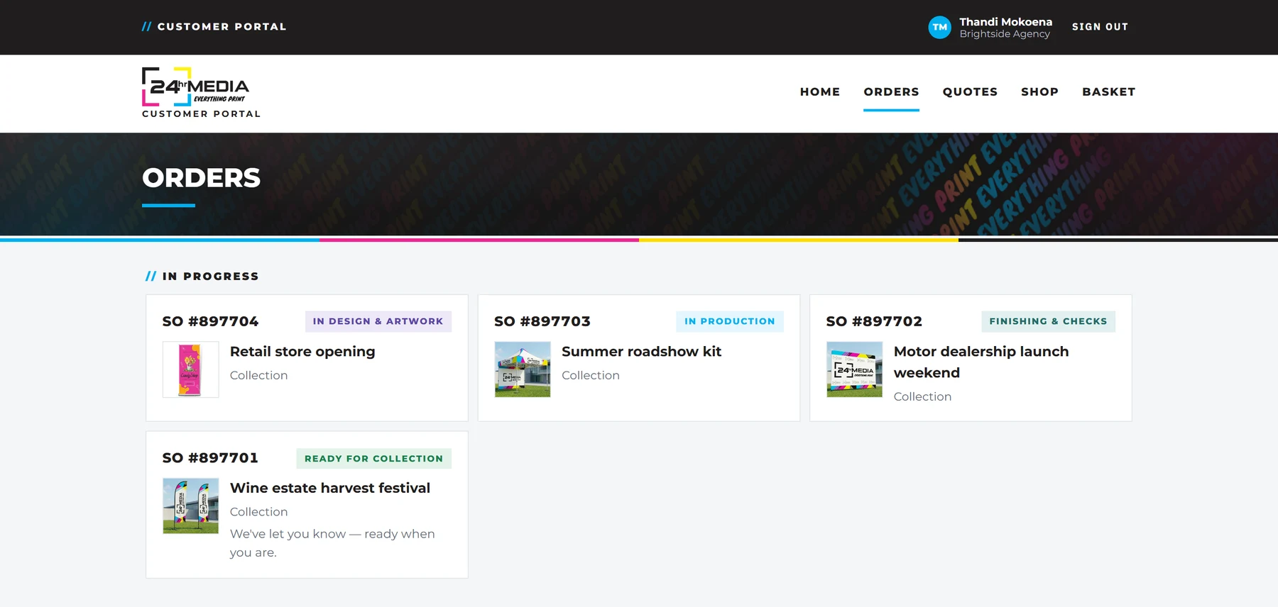 The orders page of the 24hrMedia partner portal: four reseller orders, each showing its live stage: in design and artwork, in production, finishing and checks, ready for collection