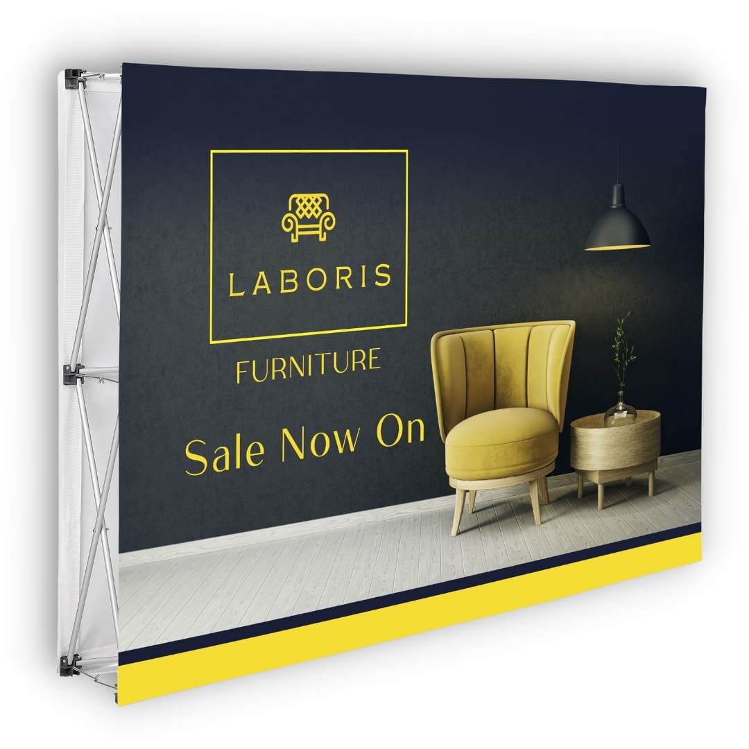 Branded media banner wall backdrop for corporate marketing events
