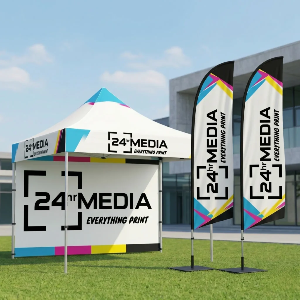 Fabric branding setup with custom event gazebo and telescopic flags by 24hrMedia Cape Town
