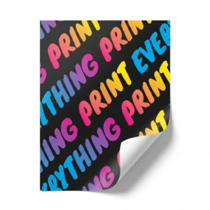 Custom poster printing displaying the 24hrMEDIA brand design on a satin paper sheet with a curled corner showing the realistic paper backing.