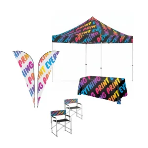 Custom event branding packages displaying a matching branded gazebo, two sharkfin flags, two directors chairs, and a printed tablecloth.