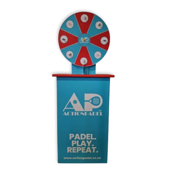 Red and blue Action Padel promotional spinning wheel