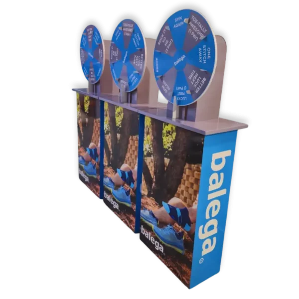 Three Balega custom promotional spinning wheels