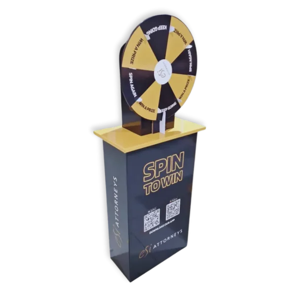 Yellow and black floor standing custom branded wheel for law firm