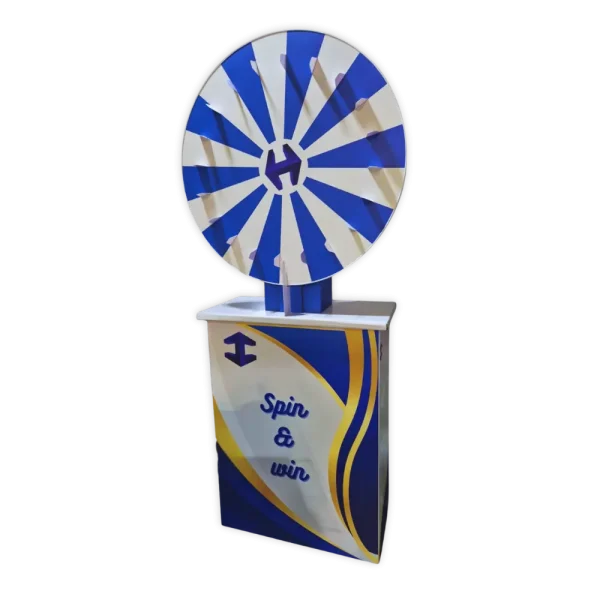 Blue grey and gold floor standing branded prize wheel