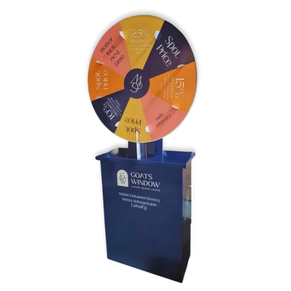 Floor standing branded prize wheel for South African holiday resort